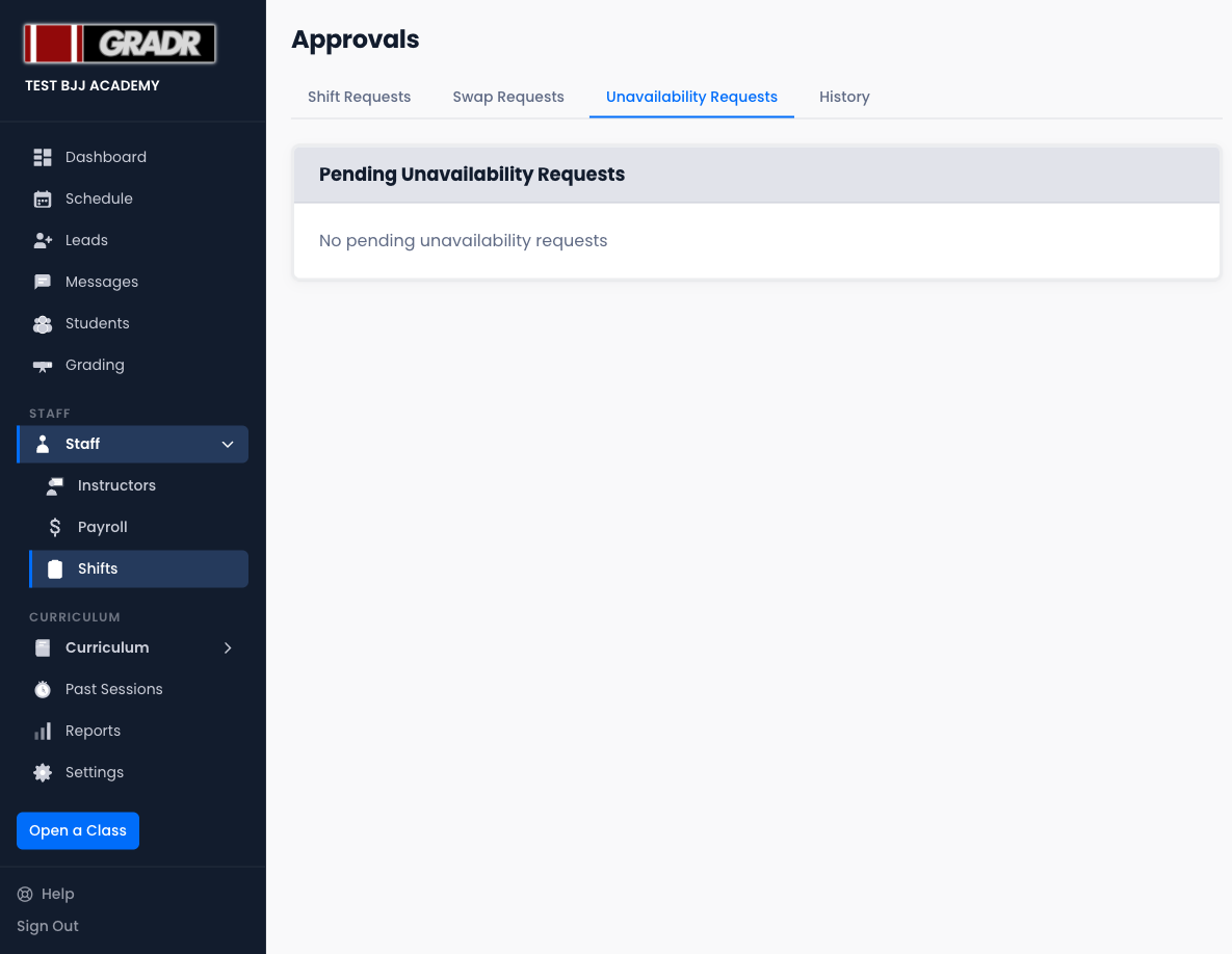 Unavailability requests tab