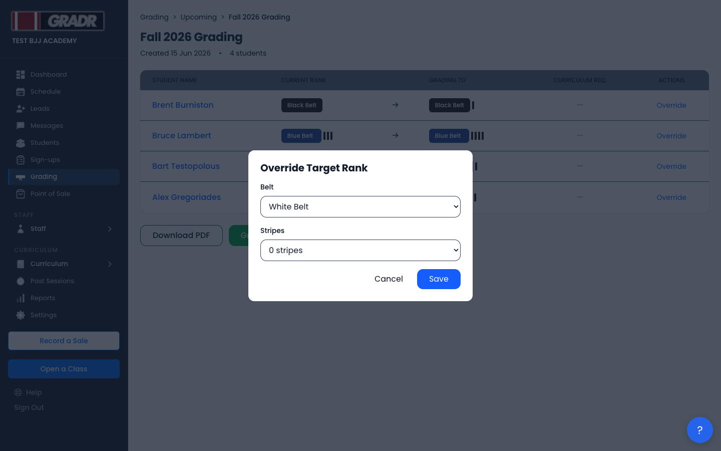 Override Target Rank modal