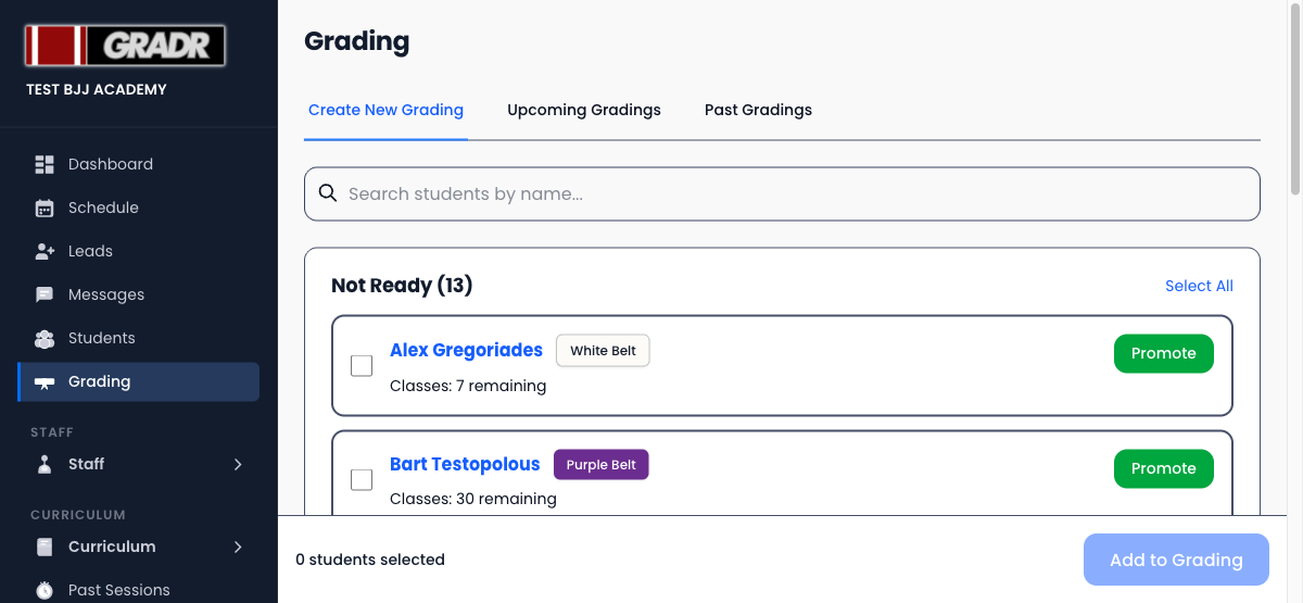 Student readiness list on the Create New Grading tab