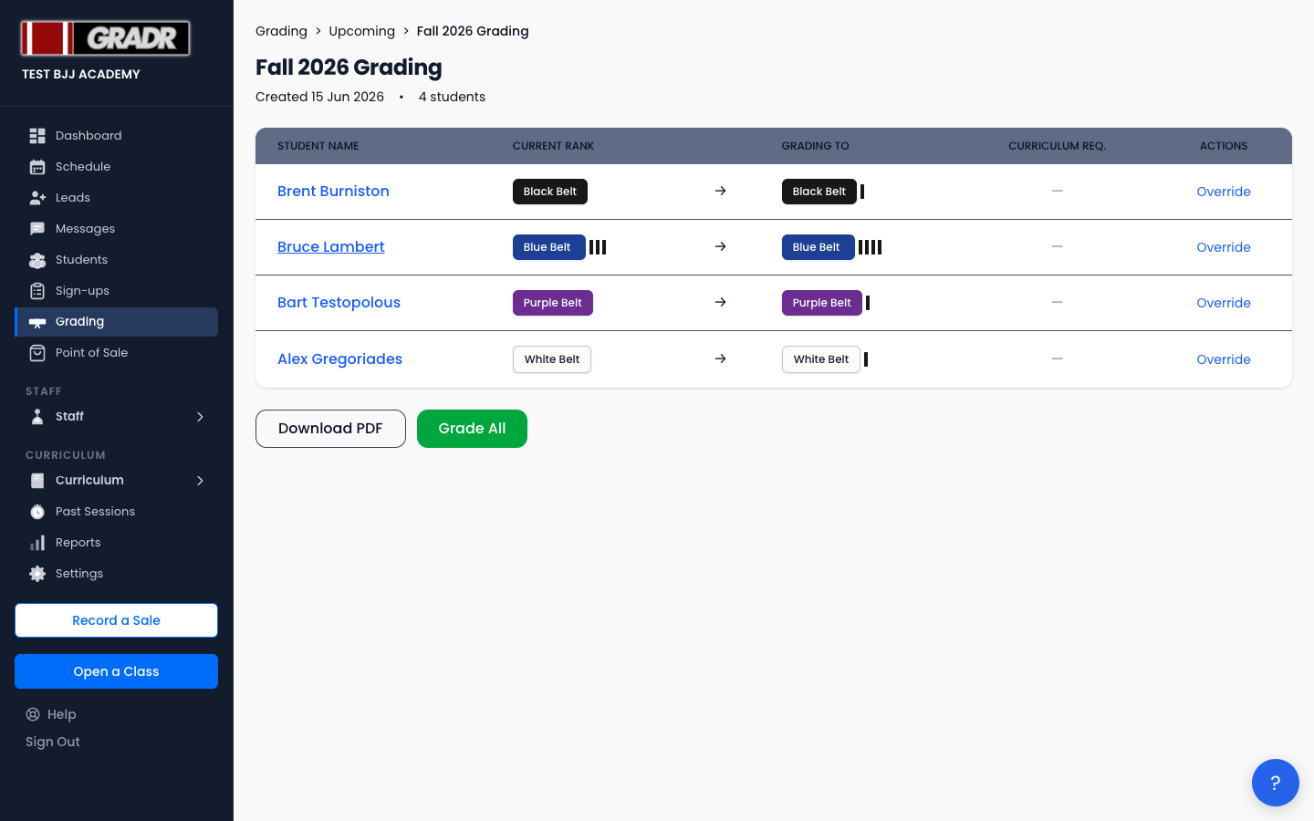 Grading session detail with Override button
