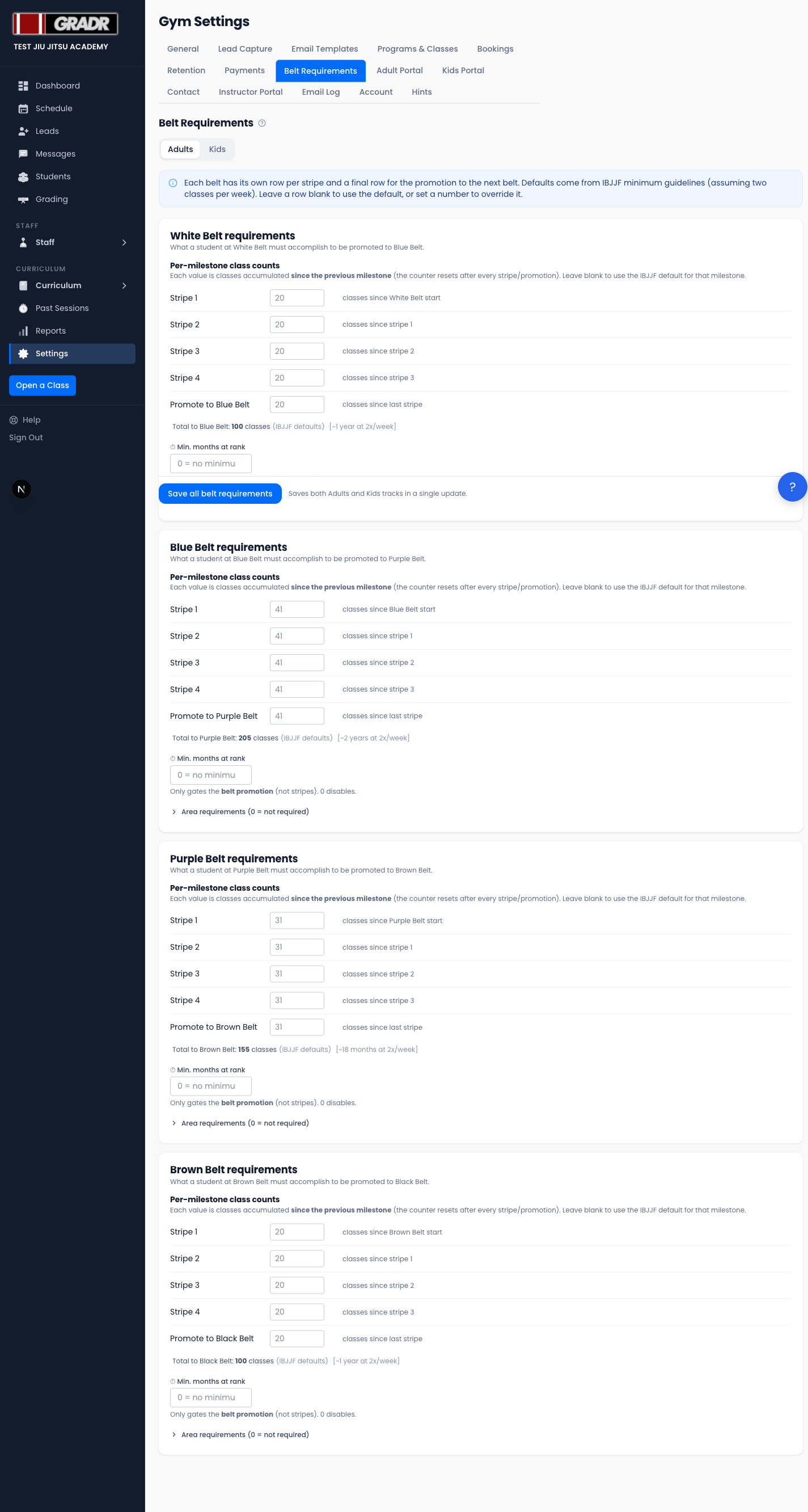 Belt Requirements settings — Adults track