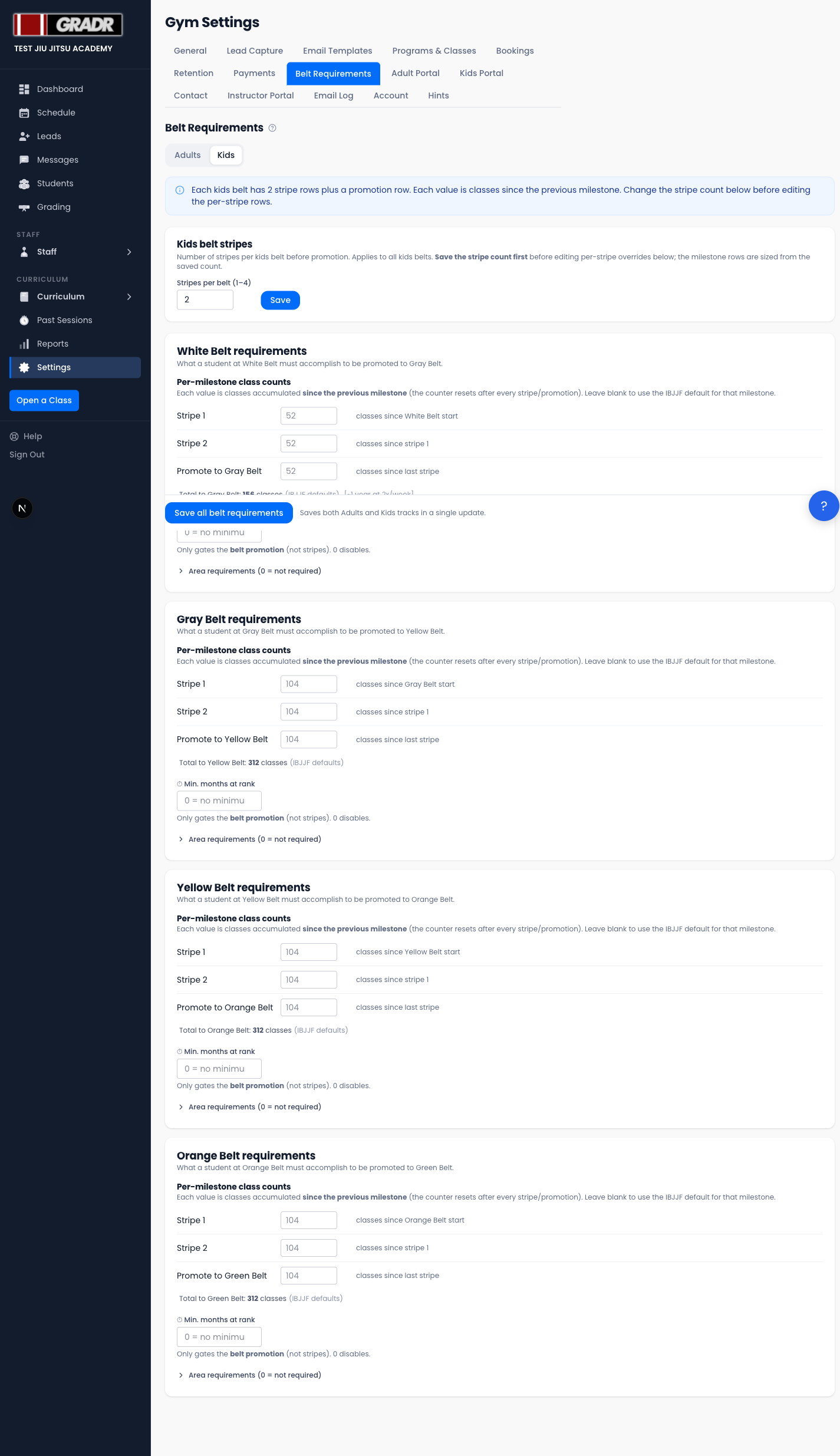 Belt Requirements settings — Kids track