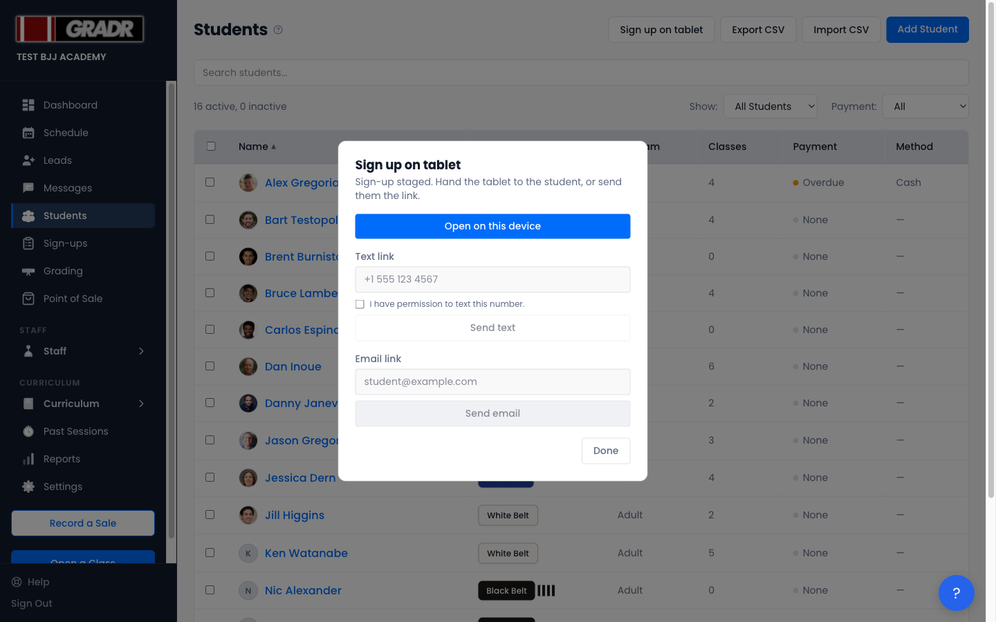 The handoff panel — Open on this device, Text link, or Email link