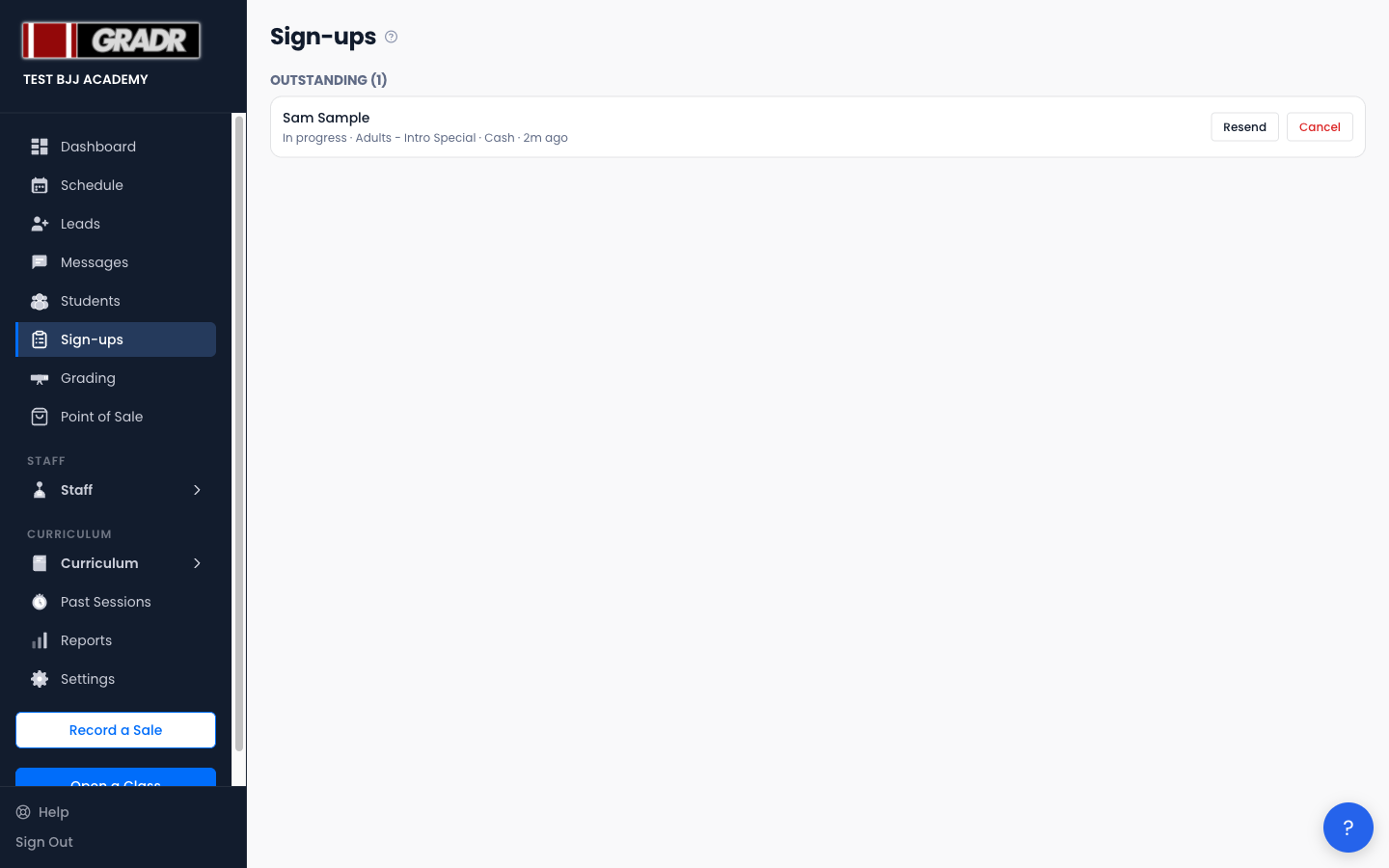 The Sign-ups page with an outstanding sign-up