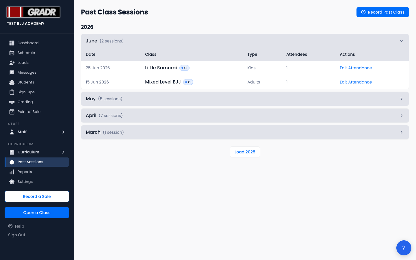 Past sessions list