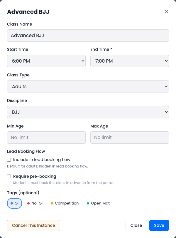 The class editor showing the Discipline dropdown