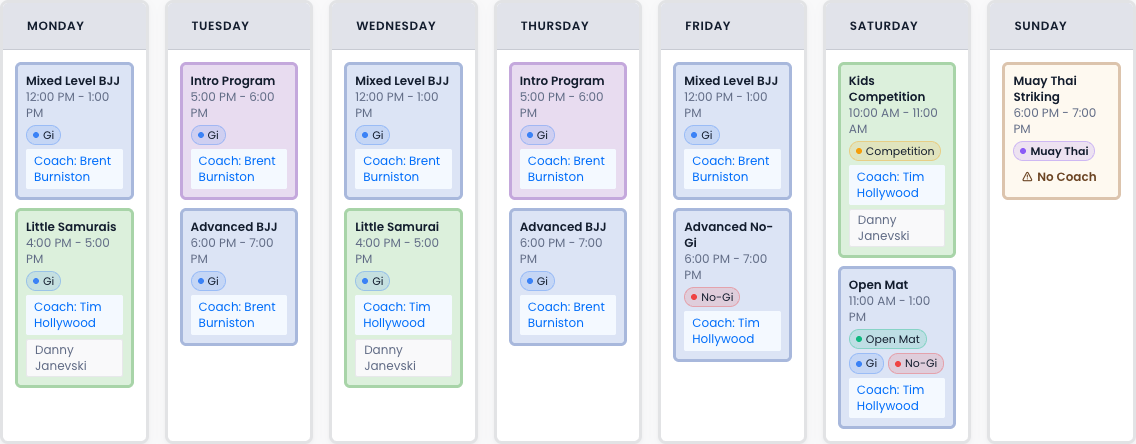 The schedule template — a Muay Thai class shows a discipline label while BJJ classes show none