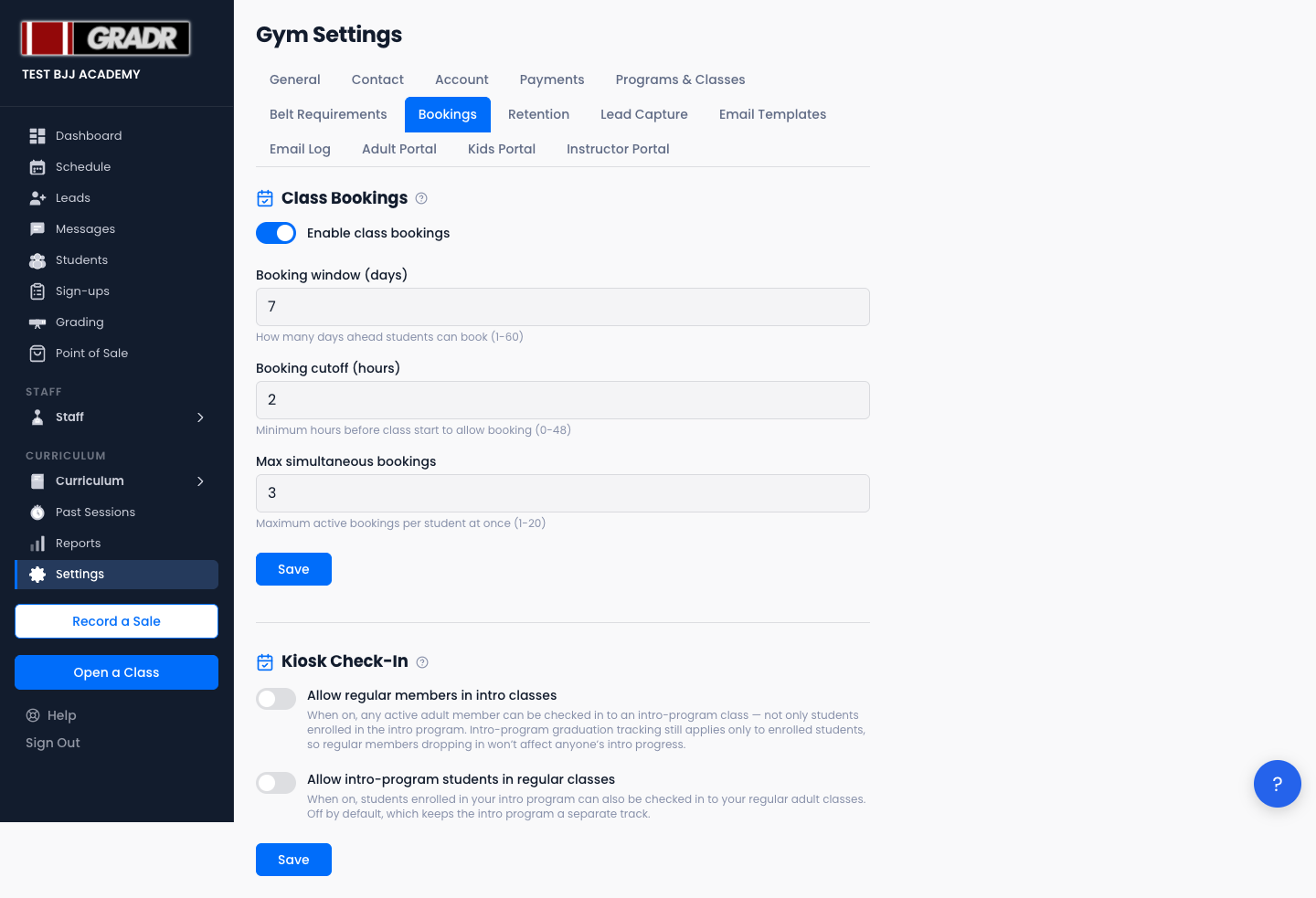 Bookings settings