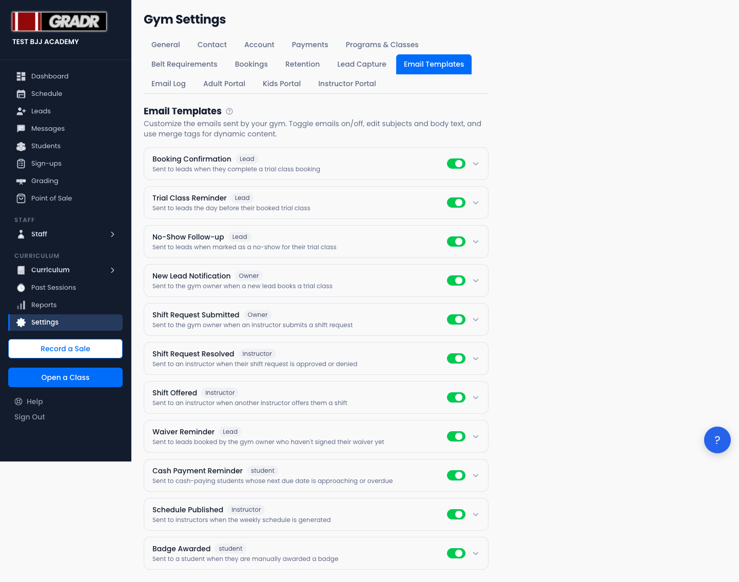 Email Templates settings