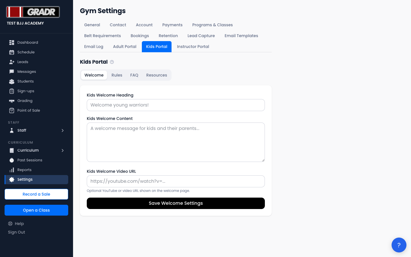 Kids portal settings