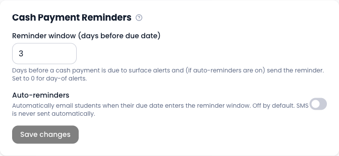 Cash Payment Reminders section