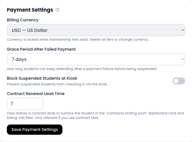 Payment Settings section