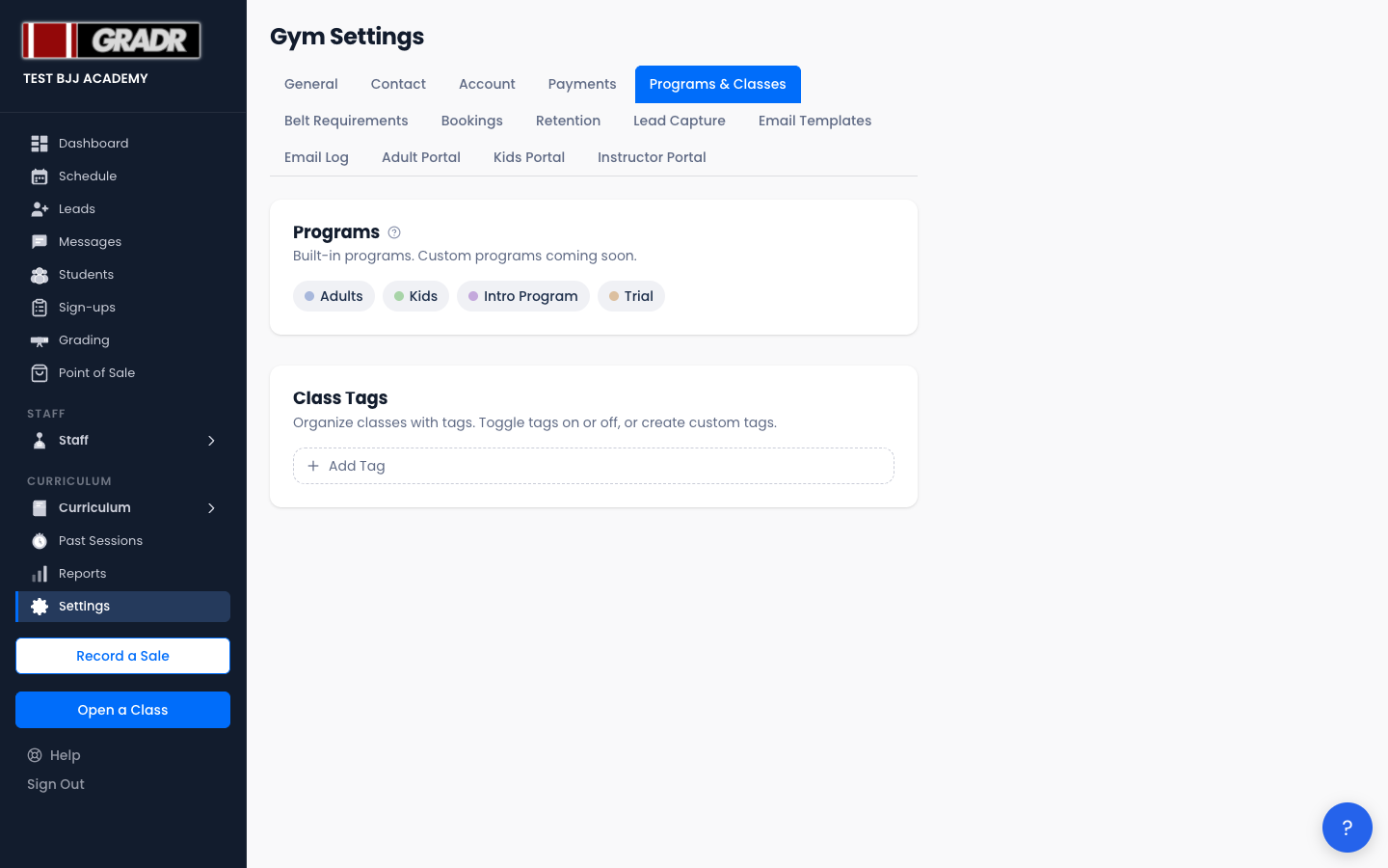 Programs & Classes settings