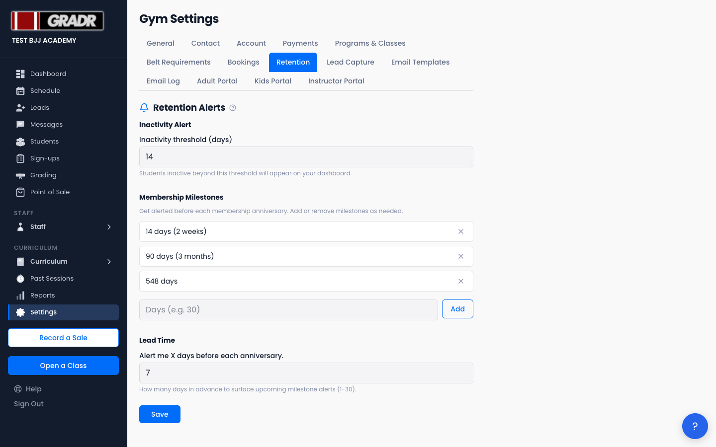 Retention Alerts settings