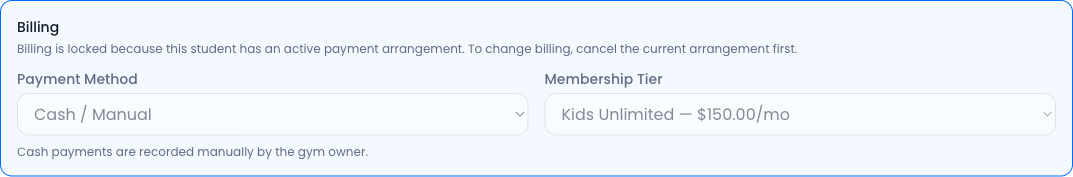 Student Edit — Billing section