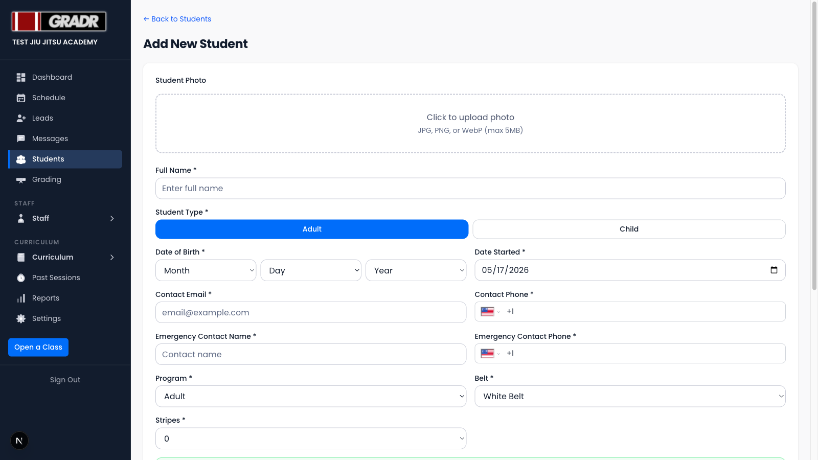 Add Student form