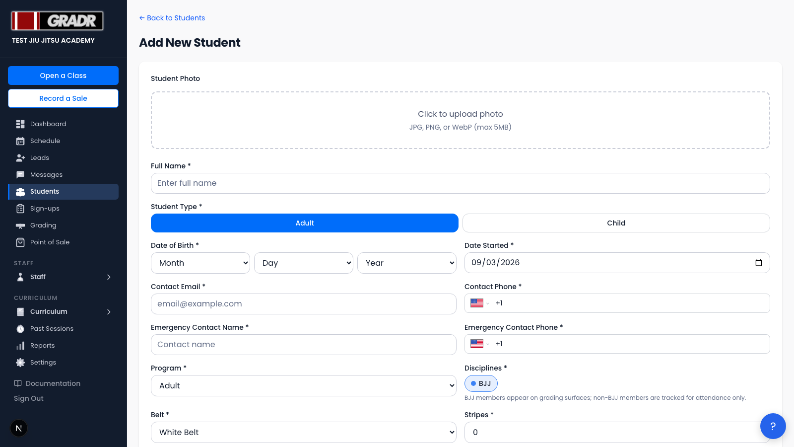 Add Student form