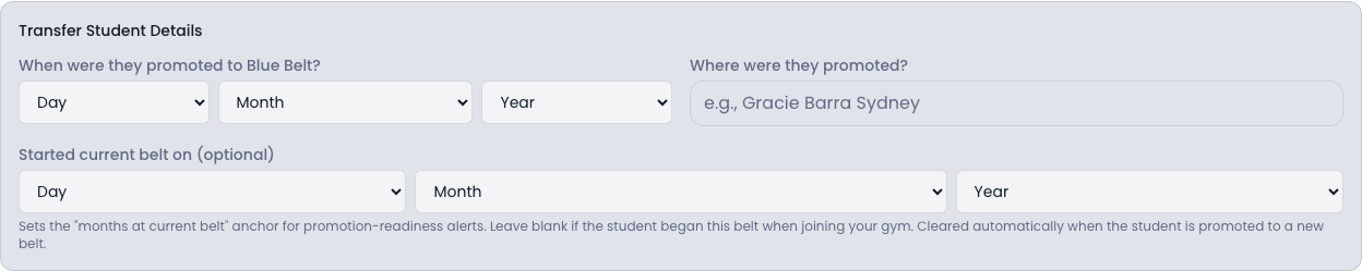 Transfer Student Details panel